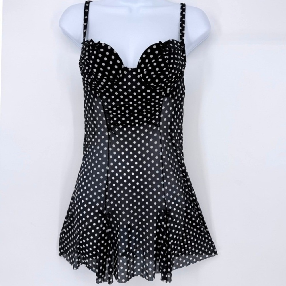 Y2K Black White Polka Dot Babydoll‎ Boudoir  Retro Tank Small Pinup Coquette